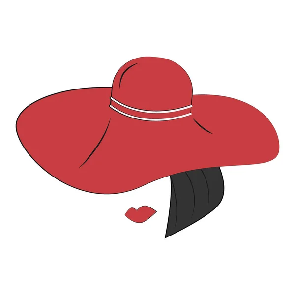 赤唇の女性の顔と 流行色の幅広の帽子を手描きで抽象的なスタイルで描いています ステッカーだ 孤立してる ポスター バナー ラベルに最適 — ストックベクタ