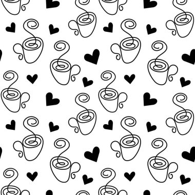 Buharlı ve kalp şeklindeki bir fincanın dış hatlarından siyah ve beyaz desenler. İzole et. Vektör. EPS. Reklam, kumaş ya da poster, menü, pankart, arkaplan