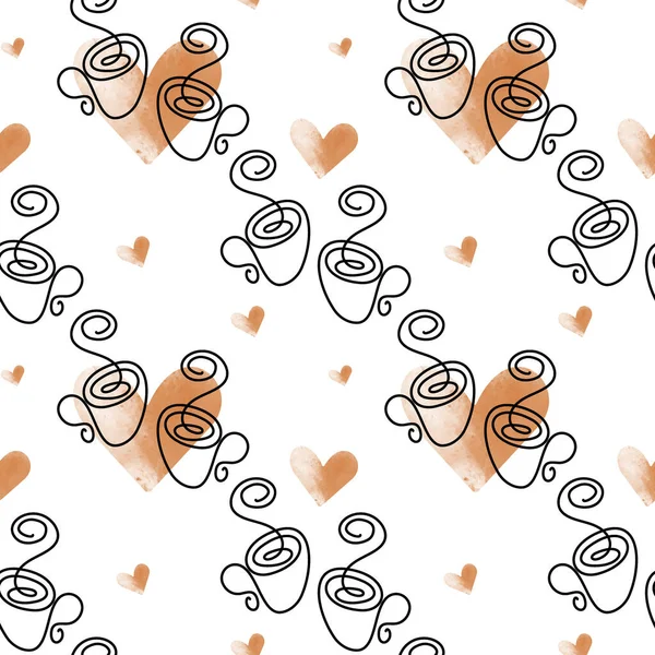 Бесшовный Узор Контурного Рисунка Чашки Струящимся Паром Почтенными Сердцами Модных — стоковый вектор