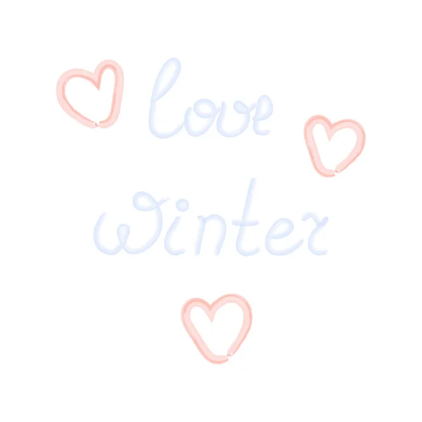 Liebe Winter Handgezeichnete Schrift Mit Aquarellstrichen Und Herzförmigen Figuren Trendigen — Stockvektor