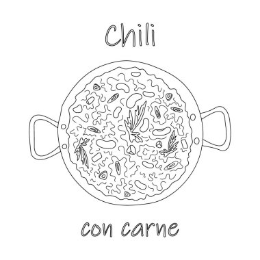 Harf ve biftek kıymalı Chili con carne, bens, soğan ve kırmızı biber dilimleri karalama tarzında büyük bir kap içinde. İzole et. Latin Amerika yemekleri. Poster, afiş, menü ya da etiket için iyi. EPS