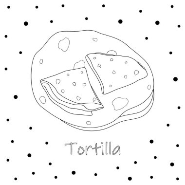 Üstünde harfler olan bir yığın Meksika usulü tortilla. Geleneksel Latin Amerika mutfağı. Meksika yemeği. İzole et. Çizgi Sanat. Poster, afiş, menü, broşür ya da etiket, fiyat etiketi ya da ağ ve duvar kağıdı için iyi. EPS