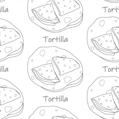 Meksika usulü Meksika usulü tortilla ile harfi harfine işlenmiş kusursuz desen. Geleneksel Latin Amerika yemekleri. İzole et. Çizgi Sanat. Poster, afiş, menü, broşür ya da etiket, fiyat ya da internet, duvar kağıdı için iyi. EPS