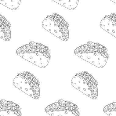 Tacos 'tan farklı yönlere bakan kusursuz bir desen. Geleneksel Latin Amerika mutfağı. Meksika yemeği. İzole et. Poster, afiş, menü, broşür ya da etiket, fiyat ya da web duvar kağıdı için iyi. EPS
