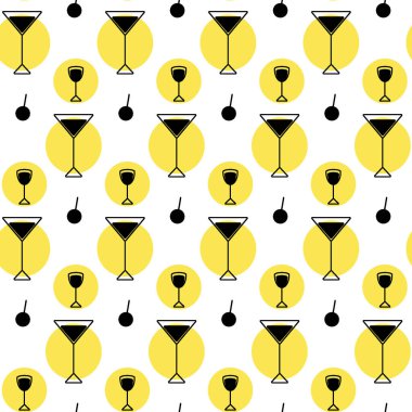 Siyah ve beyaz vektör simgelerinden oluşan, şeffaf bir arkaplanda modaya uygun sarı renkli noktalar ve gözlük şeklinde soyut, pürüzsüz bir desen. Kafeler, barlar ve restoranlar için uygun