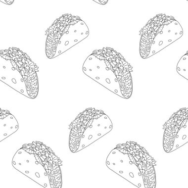 Etli, marullu ve sebzeli tacoların sonu gelmez deseni. Geleneksel Latin Amerika mutfağı. Meksika yemeği. İzole et. Poster, afiş, menü, broşür ya da etiket, fiyat ya da web duvar kağıdı için iyi. EPS