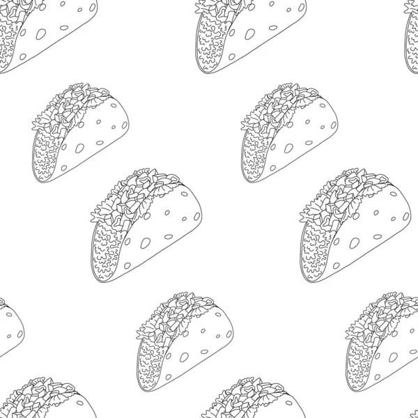 Etli, marullu ve sebzeli tacoların sonu gelmez deseni. Geleneksel Latin Amerika mutfağı. Meksika yemeği. İzole et. Poster, afiş, menü, broşür ya da etiket, fiyat ya da web duvar kağıdı için iyi. EPS