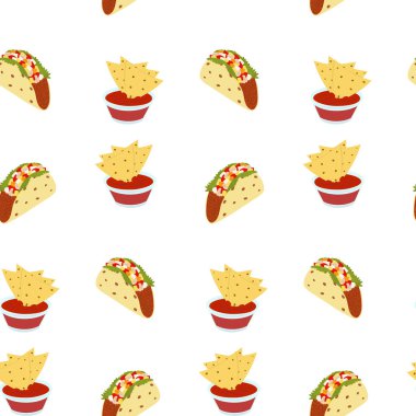 Seamless pattern with nachos in transparent sauce ball and tacos with vegetables and champignons. Traditional Latin American food. Isolate. Good for poster, card, banner or menu bar or restaurant. EPS