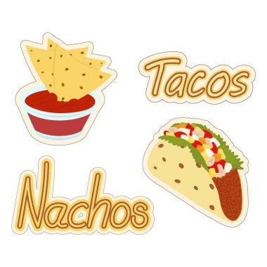Set of Mexican food nachos and tacos stickers with lettering. Latin American cuisine. Fast food. Icon. Isolate. Traditional Mexican food. Good for banner, poster, menu, web, label or wallpaper. EPS
