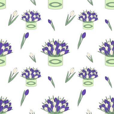 Endless pattern of Bouquet of blooming tulip flowers in circular box in cartoon style in trendy shades. Isolate. 8 March. Woman day. Good for poster, price, label, greeting or invitation cards. EPS