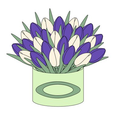 A huge colorful bouquet of blooming tulips in circle box in cartoon flat style in trendy hues. Sticker. Icon. Isolate. Good for pattern, poster, brochure or price, label, greeting or invitation. EPS