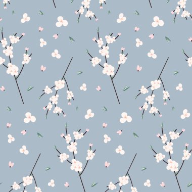 Seamless colorful pattern of abstract blossoming branch of cherry tree. Hello spring. Repeat texture. Template for web, wallpaper, cards, poster, banner, or , label or price tag. Isolate. Vector. EPS
