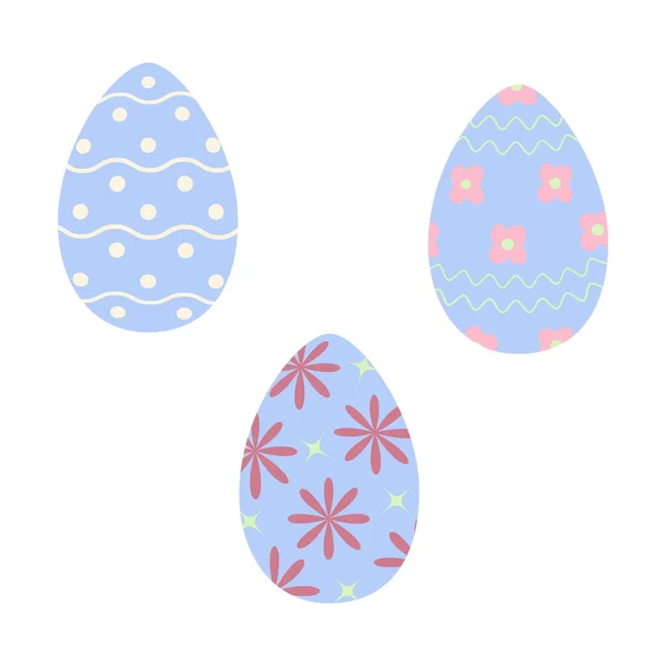 Set Three Easter Eggs Trendy Blue Simple Patterns Wavy Lines — Stock Vector
