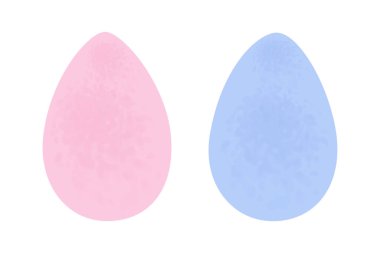 Modaya uygun pembe ve mavi suluboya ile 2 Paskalya yumurtası. İsa dirildi. Tatil günü. El çizimi. Çıkartma. Simge. İzole et. Poster, pankart, broşür veya selamlama için tasarım, davet kartları, fiyat veya etiket