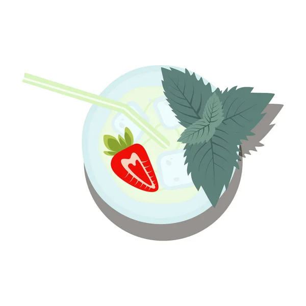 Yaz ışığı mojito kokteyli, yarım çilek, nane yaprağı, saman ve buz. Merhaba yaz. Çıkartma. Simge. İzole et. Poster, afiş, selamlama, kart, fiyat etiketi veya etiket için tasarım. EPS
