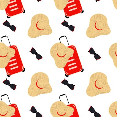 Seyahat çantasının kusursuz deseni, geniş kenarlı bir şapka ve parlak renkli güneş gözlüğü. İzole et. Poster, web veya kart için soyut arkaplan dokusu. Mutlu Dünya Turizm Günü. Bavul günü. EPS