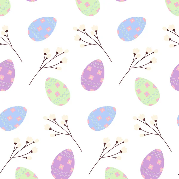 Easter Seamless Pattern Colorful Easter Eggs Twigs Trendy Hues Happy — Stock Vector