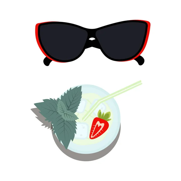 Set Zonnebrillen Glas Met Mojito Cocktail Met Aardbeien Muntblaadjes Stro — Stockvector