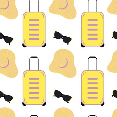 Bir seyahat çantasının sonsuz deseni, geniş kenarlı bir şapka ve parlak güneş gözlüğü. Merhaba yaz. Seyahat ediyorum. Uluslararası gümrük günü. Bavul günü. İzole et. Poster için tasarım, etiket. EPS