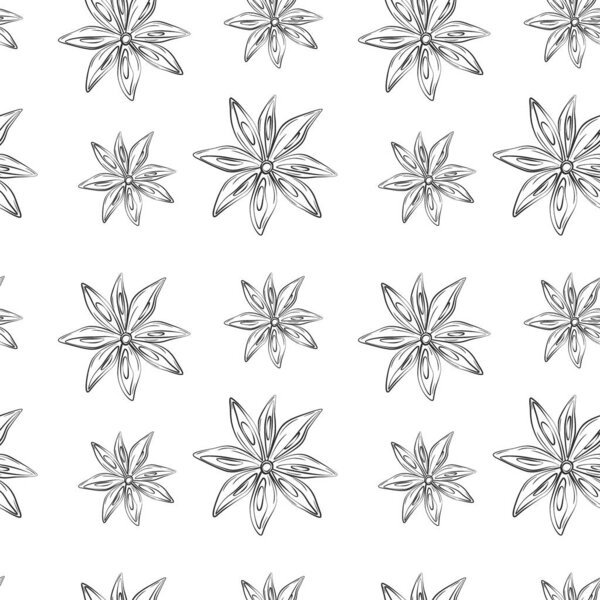 Бесшовный рисунок очертаний анисовой звезды. Острые специи для кофе или глинтвейна. Изолировать. Дизайн обертки, обоев, ценника или этикетки, баннера, брошюр, плаката или веб-страницы. Вектор. EPS