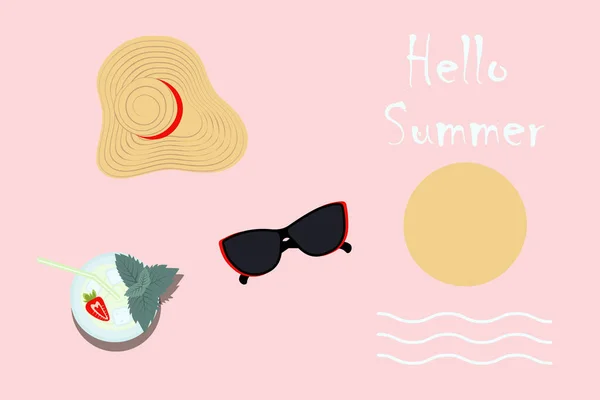 Letni Design Szerokim Rondem Okularami Przeciwsłonecznymi Koktajlem Mojito Truskawkami Liśćmi — Wektor stockowy