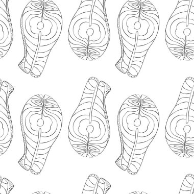 El yapımı somon bifteğinin kusursuz deseni. Sağlıklı Yemek Günü. Deniz ürünleri. Serbest hatlı çizim. İzole et. Paketleme, duvar kağıdı ya da ağ, ambalaj, kart ya da fiyat etiketi için tasarım. Vektör. EPS