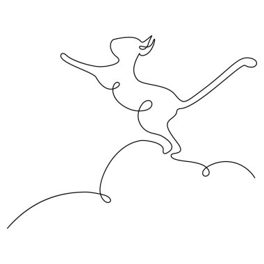 Sürekli bir çizgi üzerinde zıplayan bir kedinin soyut görüntüsü. Kedi günün kutlu olsun. Poster, afiş, broşür, fiyat etiketi, etiket veya kartlar için minimalist sanat tasarımı. Çıkartma. Simge. İzole et. Vektör. EPS