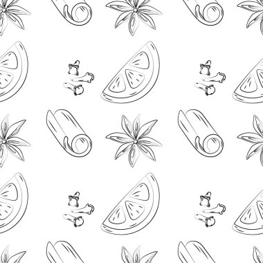 Narenciye, parlayan tarçın ve çekirdekli yıldız anasonunun hatsız çizimi. Mutlu baharat günleri. İzole et. Paketleme, duvar kağıdı, poster, afiş, etiket ya da kart için tasarım. Vektör. EPS