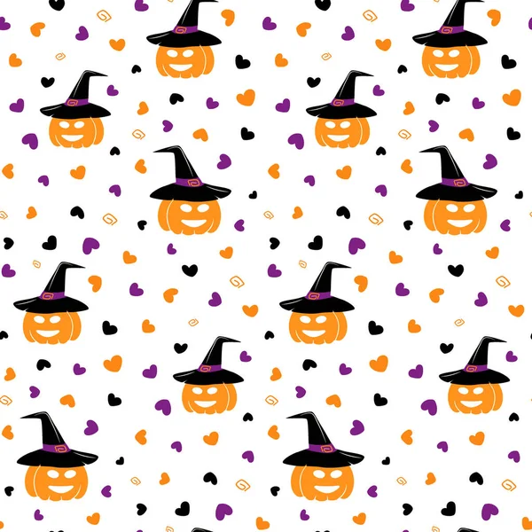 Abstrato Padrão Sem Costura Halloween Abóbora Sorridente Chapéu Bruxa Corações —  Vetores de Stock