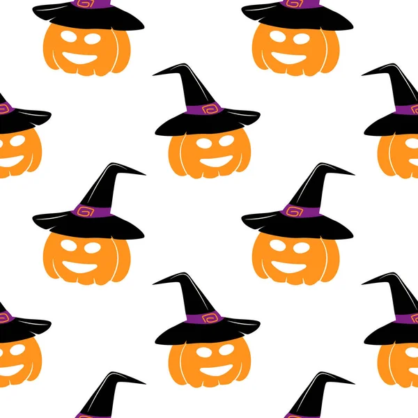 Бесшовный Рисунок Хэллоуинской Тыквы Колпаке Ведьмы Улыбающимся Лицом Модных Оттенках — стоковый вектор