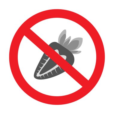 Kırmızı yasak işareti altında gri tonda bir çileğin soyut görüntüsü. Çıkartma. Simge. İzole et. İşaretçi. Vektör. EPS. İşaretçi, poster, afiş, broşür, kart veya fiyat etiketi, etiket veya paketleme için dizayn