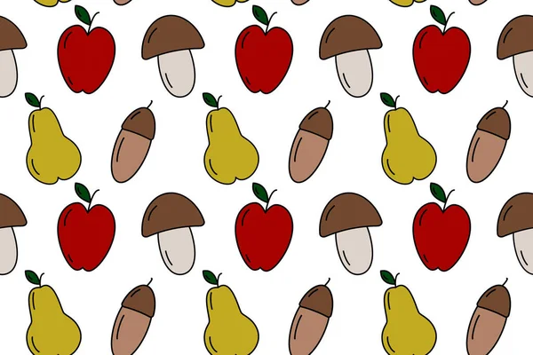 Modèle Sans Couture Coloré Fruits Saison Comme Les Champignons Pommes — Image vectorielle