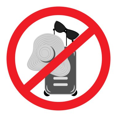 Tekerlekli bavul, plaj şapkası ve gri tonda güneş gözlüğü kırmızı bir çöreğin altında. Seyahat yok. İzole et. Pointer, sticker, simge veya web için tasarım, poster, afiş, broşür veya kartlar, fiyat etiketi. Vektör. EPS
