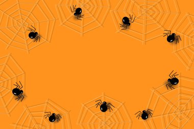 Cadılar Bayramı için örümcek ağları, örümcekler ve modaya uygun Cadılar Bayramı gölgelerinde yer alan soyut çerçeve. Vektör. EPS. Soyut arkaplan dokusu. Poster, afiş, fiyat etiketi veya etiket, broşür veya kart tasarımı
