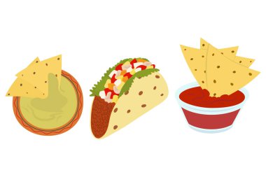 En popüler 3 Meksika yemeği seti. Taco, nacho ve salsa sosu. Geleneksel Latin Amerika Fast Food mutfağı. Çıkartma. Simge. İzole et. Pankart, poster, menü, etiket veya kartlar için tasarım. Vektör. EPS