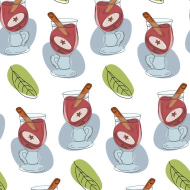 Sıcak şarap, tarçın çubuğu, elma dilimi, yeşil izin ve renkli gölgeli sonsuz cam bardak deseni. Vektör. EPS. İzole et. Poster, afiş, tebrik kartı ya da davetiye için iyidir.