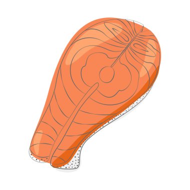 Somon bifteğinin modaya uygun gölgelerde çizgi film tarzında vektör soyut görüntüsü. Üst Manzara. Sağlıklı beslenme günü. Deniz ürünleri. Poster, afiş, broşür ya da internet, kart, fiyat etiketi, etiket ya da duvar kağıdı için tasarım. EPS