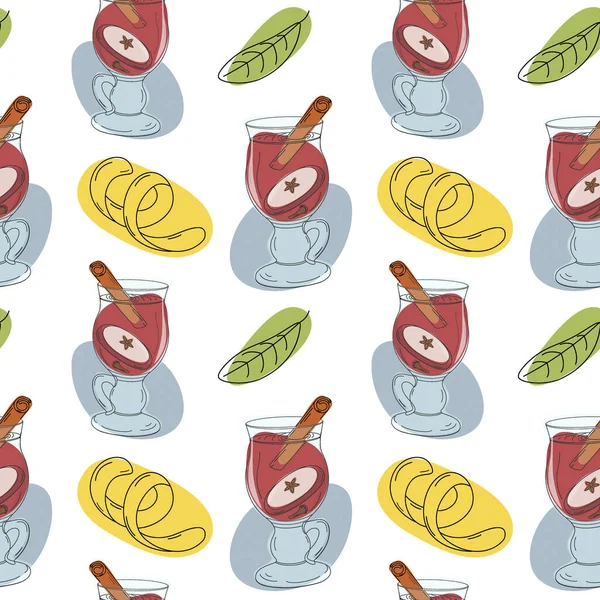 Seamless Pattern Mulled Wine Cinnamon Stick Apple Slice Lemon Zest — Stock Vector