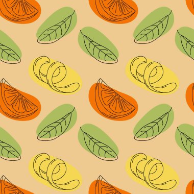 Soyut limon lezzeti, portakal dilimi ve soyut renkli lekeli yeşil yaprak desenleri. Vektör. EPS. Paketleme, duvar kağıdı, ağ ya da poster, afiş, broşür için tasarım