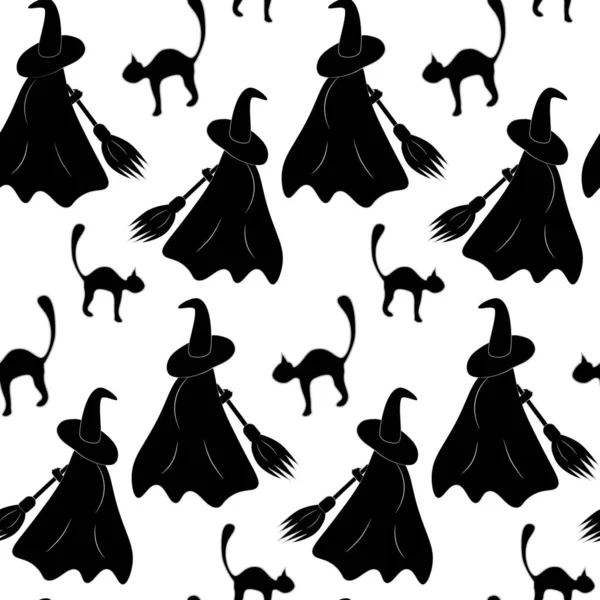 Helloween Seamless Pattern Abstract Silhouette Image Witch Cap Cloak Broom — Stock Vector