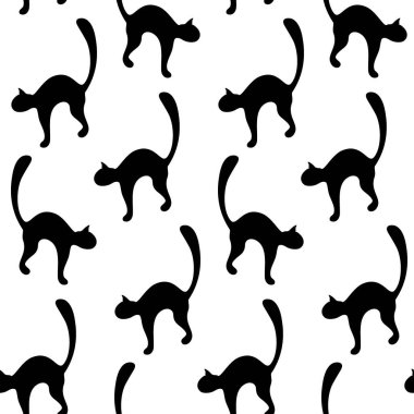 Siyah kedi siluetinin kusursuz soyut görüntüsü. Ulusal Kara Kedi Gününüz kutlu olsun. EPS. Paket, duvar kağıdı, poster, afiş, selamlama veya davetiye için vektör ilüstrasyonu. İzole et