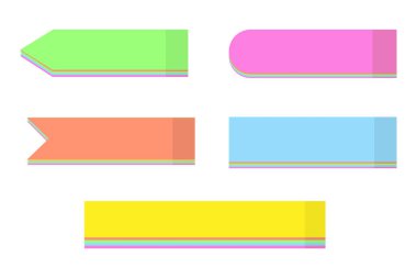 Şeffaf bir fon üzerinde, farklı şekillerde, modaya uygun parlak renklerde 5 renkli kağıt etiket. Sarı, pembe, mavi, yeşil ve turuncu renkli posta şablonları. İşaretçi. İzole et. Vektör. EPS