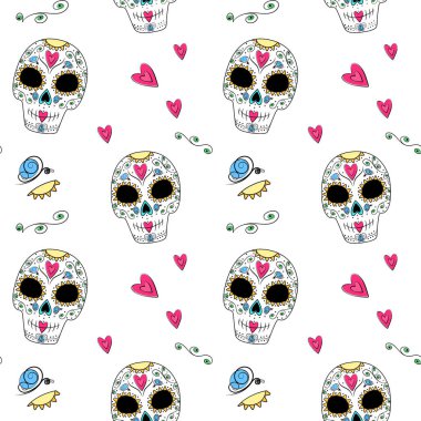 Şeker Kafatası 'nın kusursuz deseni, soyut çiçekler, kalpler ve kelebek. Dia de los muertos. Meksika mı? İzole et. Duvar kağıdı, poster, afiş, broşür, selamlama, davetiye ya da internet için vektör tasarımı. EPS 