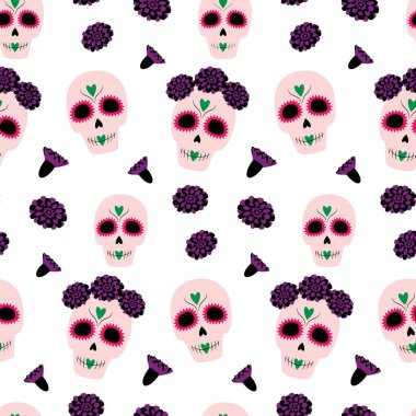 Ölüler Günü. Şekerkafalar ve akışların kusursuz deseni. Dia de los muertos. Meksika mı? İzole et. Paketleme, poster, afiş, selamlama veya davet kartları, fiyat etiketi, etiket veya web için arkaplan
