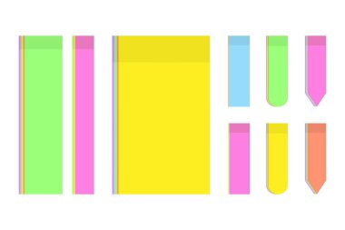 Değişik genişlikteki notlar ve moda tonlardaki şekiller için parlak renkli çıkartmalardan oluşan büyük bir vektör seti. İzole et. EPS. Poster, afiş, broşür, karşılama veya davet kartı, fiyat veya İnternet için tasarım ögesi