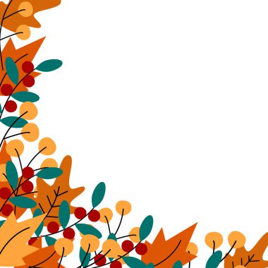 Sonbahar yapraklarının alt köşesi ve mevsimlik sıcak gölgelerde böğürtlenlerle dolu dallar. Kopyalama. Kutlama veya davet kartı, fiyat etiketi, etiket, duvar kağıdı veya web, poster, pankart için vektör tasarımı 