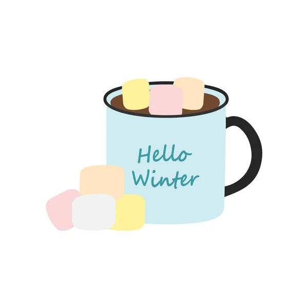 Caneca Com Letras Olá Inverno Bebida Quente Cubos Marshmallow Tons — Vetor de Stock