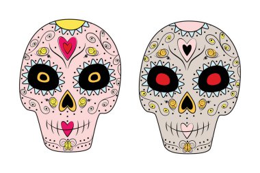 Moda tonları içinde soyut desenli 2 şeker kafatası seti. Mutlu Dia de los Muertos. Meksika mı? Vektör. EPS. İzole et. Poster, afiş, broşür, selamlama veya davet kartı, fiyat, etiket veya İnternet için tasarım