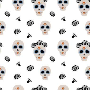 Kurukafalar, çelenkler ve çiçeklerle dolu Ölüler Günü 'ne kadar soyut ve pürüzsüz bir düzen. Dia de los muertos. İzole et. EPS. Paketleme, poster, afiş, selamlama veya davet, fiyat etiketi, etiket için vektör arkaplanı