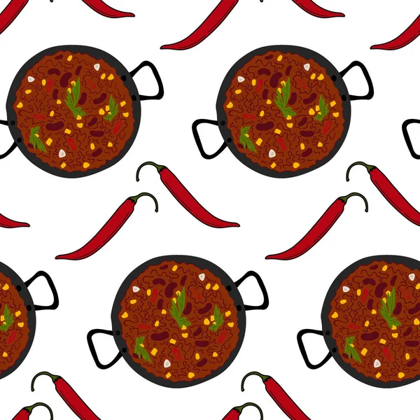 Bitmek Bilmeyen Chili Con Carne Şablonu Kırmızı Acı Biber Geleneksel — Stok Vektör